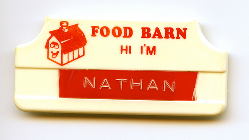 Food Barn pin from first paycheck job. / c. 1989